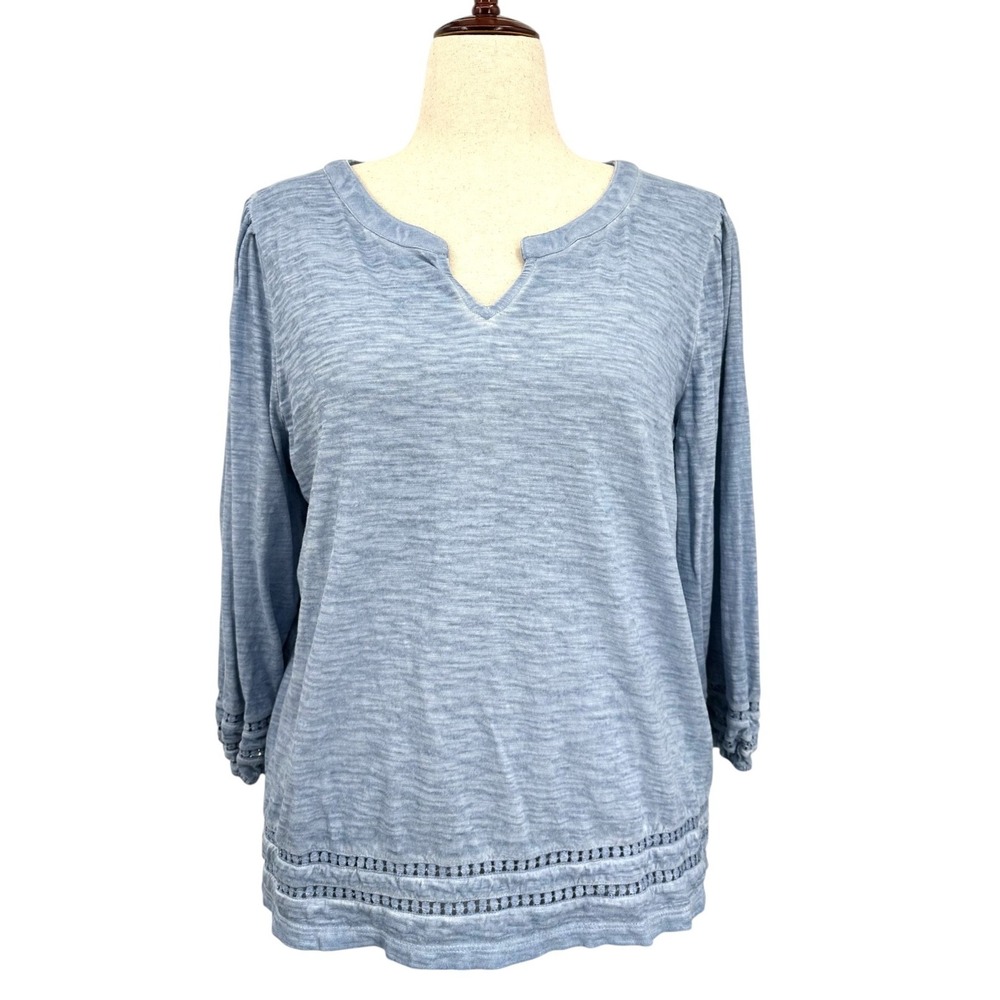 Chico's Denim Blue Embroidered V-Neck Cotton Tunic 3/4 Sleeves Chico's 2 / Large